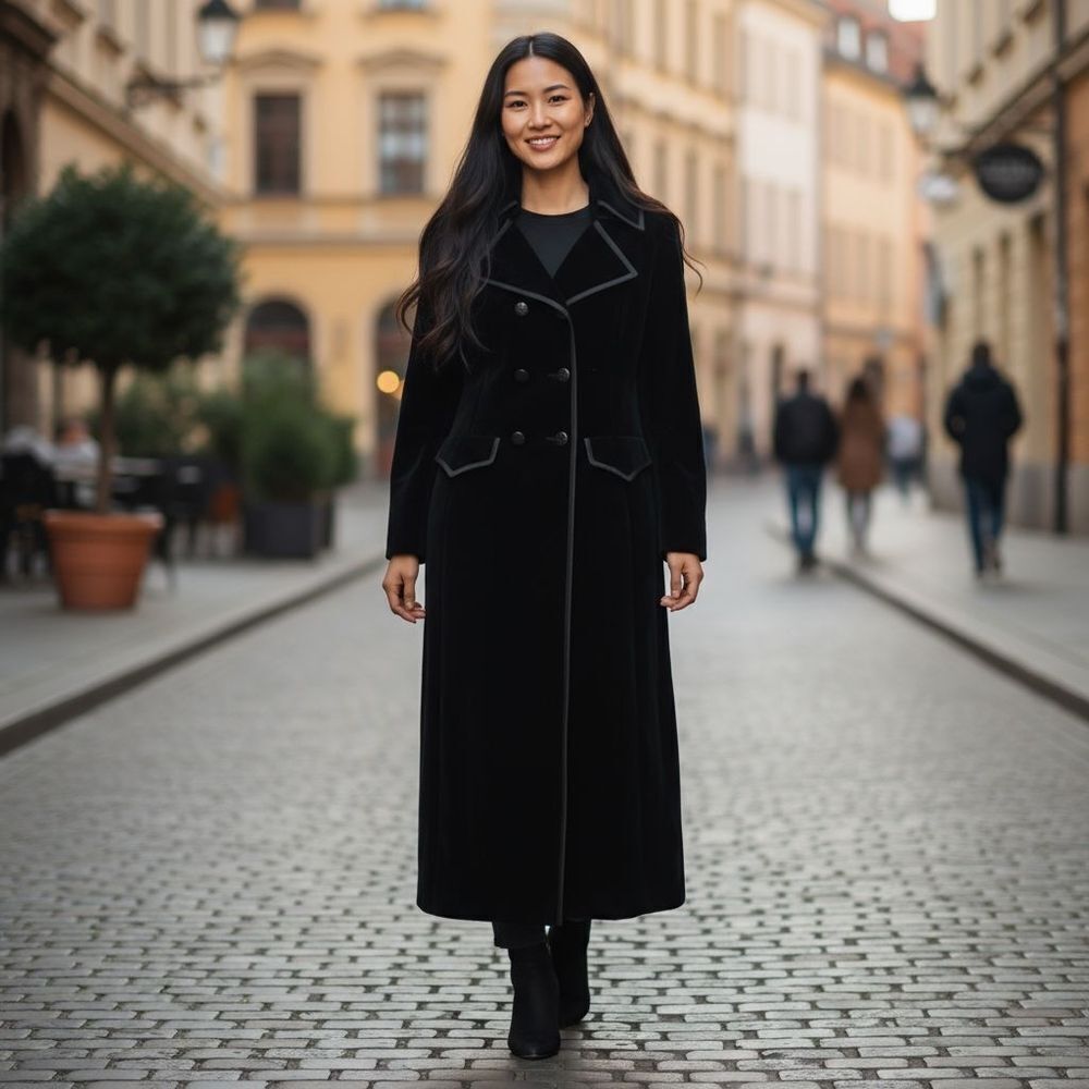 Vintage Gothic Style Velvet Velour Women's Black Trench Coat Size S
